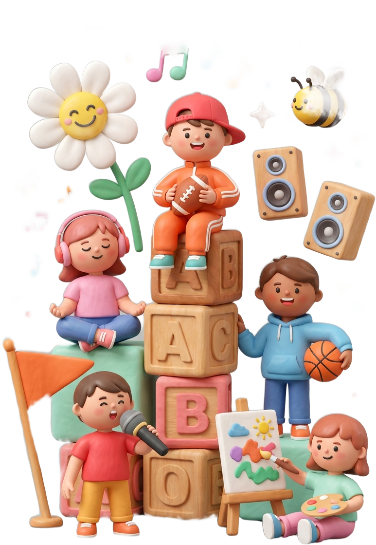 3D clay kids playing football, basketball, music and art